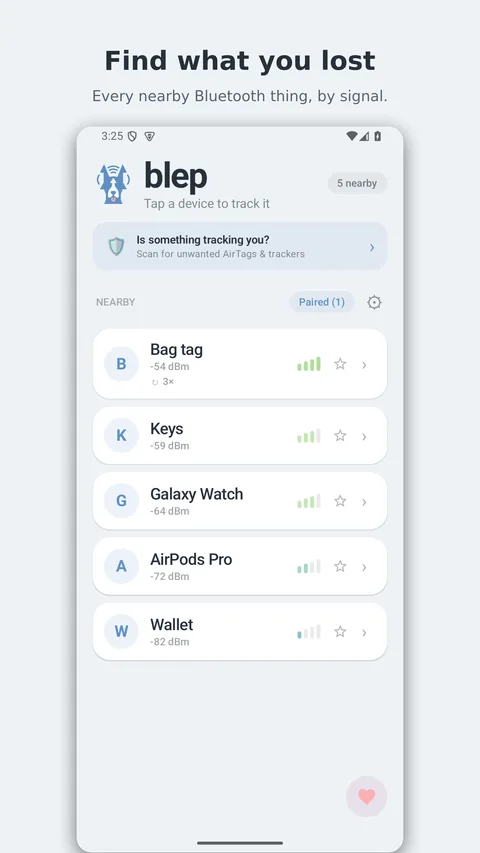 blep screenshot — the nearby list: every Bluetooth thing around you, sorted by signal