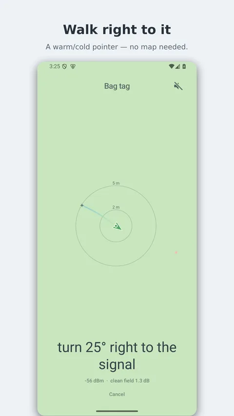 blep screenshot — the warm/cold pointer with the radar and a turn hint