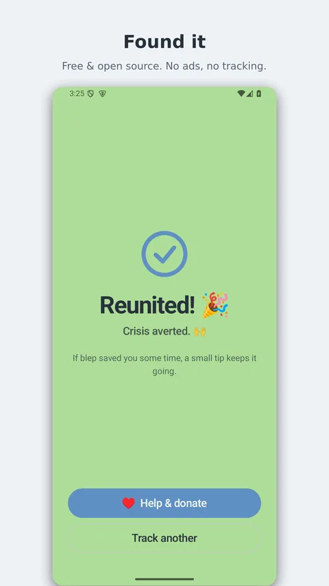 blep screenshot — 'Reunited!' celebration after finding a device