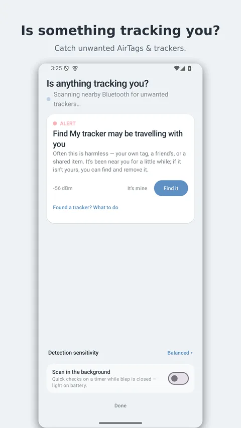 blep screenshot — the anti-tracking scan flagging a tracker that may be following you