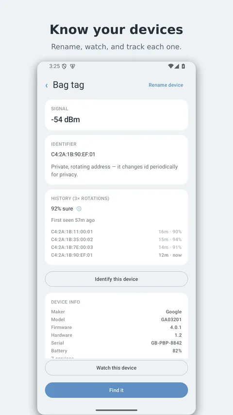 blep screenshot — the device panel: signal, rotating-id history and device info